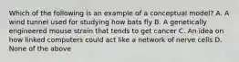 Which of the following is an example of a conceptual model? A. A wind tunnel used for studying how bats fly B. A genetically engineered mouse strain that tends to get cancer C. An idea on how linked computers could act like a network of nerve cells D. None of the above