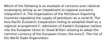 Which of the following is an example of concerns over national sovereignty acting as an impediment to regional economic integration? A. The Organization of the Petroleum Exporting Countries regulating the supply of petroleum as a cartel B. The Asia-Pacific Economic Cooperation failing to establish itself as a regional arrangement C. Admission of Eastern European nations into the European Union D. Great Britain refusing to adopt the common currency of the European Union, the euro E. The rise of the World Trade Organization