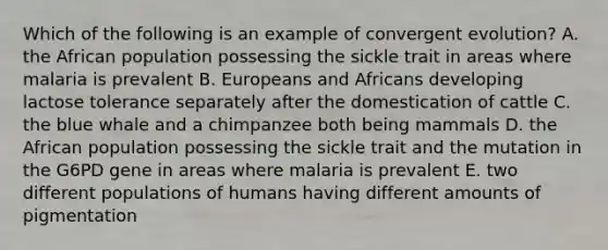 Which of the following is an example of convergent evolution? A. the African population possessing the sickle trait in areas where malaria is prevalent B. Europeans and Africans developing lactose tolerance separately after the domestication of cattle C. the blue whale and a chimpanzee both being mammals D. the African population possessing the sickle trait and the mutation in the G6PD gene in areas where malaria is prevalent E. two different populations of humans having different amounts of pigmentation