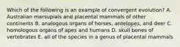 Which of the following is an example of convergent evolution? A. Australian marsupials and placental mammals of other continents B. analogous organs of horses, antelopes, and deer C. homologous organs of apes and humans D. skull bones of vertebrates E. all of the species in a genus of placental mammals