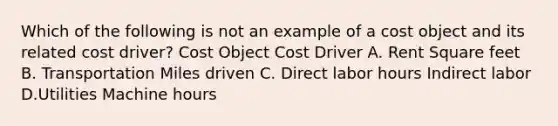 Which of the following is not an example of a cost object and its related cost driver? Cost Object Cost Driver A. Rent Square feet B. Transportation Miles driven C. Direct labor hours Indirect labor D.Utilities Machine hours