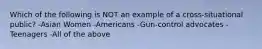 Which of the following is NOT an example of a cross-situational public? -Asian Women -Americans -Gun-control advocates -Teenagers -All of the above