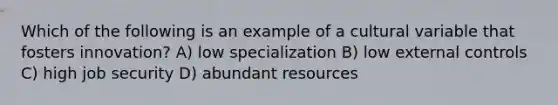 Which of the following is an example of a cultural variable that fosters innovation? A) low specialization B) low external controls C) high job security D) abundant resources