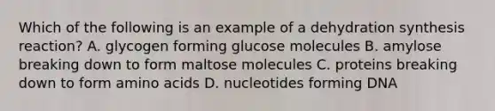 Which of the following is an example of a dehydration synthesis reaction? A. glycogen forming glucose molecules B. amylose breaking down to form maltose molecules C. proteins breaking down to form amino acids D. nucleotides forming DNA