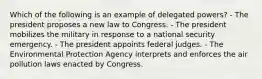 Which of the following is an example of delegated powers? - The president proposes a new law to Congress. - The president mobilizes the military in response to a national security emergency. - The president appoints federal judges. - The Environmental Protection Agency interprets and enforces the air pollution laws enacted by Congress.