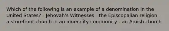 Which of the following is an example of a denomination in the United States? - Jehovah's Witnesses - the Episcopalian religion - a storefront church in an inner-city community - an Amish church