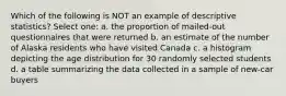 Which of the following is NOT an example of descriptive statistics? Select one: a. the proportion of mailed-out questionnaires that were returned b. an estimate of the number of Alaska residents who have visited Canada c. a histogram depicting the age distribution for 30 randomly selected students d. a table summarizing the data collected in a sample of new-car buyers