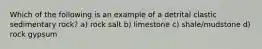 Which of the following is an example of a detrital clastic sedimentary rock? a) rock salt b) limestone c) shale/mudstone d) rock gypsum