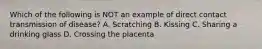 Which of the following is NOT an example of direct contact transmission of disease? A. Scratching B. Kissing C. Sharing a drinking glass D. Crossing the placenta