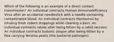 Which of the following is an example of a direct contact transmission? An individual contracts Human Immunodeficiency Virus after an accidental needlestick with a needle containing contaminated blood. An individual contracts Hantavirus by inhaling fresh rodent droppings while cleaning a barn. An individual contracts rabies after being bitten by a rabid raccoon. An individual contracts bubonic plague after being bitten by a flea carrying Yersinia pestis (the bacterial pathogen).