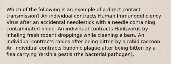 Which of the following is an example of a direct contact transmission? An individual contracts Human Immunodeficiency Virus after an accidental needlestick with a needle containing contaminated blood. An individual contracts Hantavirus by inhaling fresh rodent droppings while cleaning a barn. An individual contracts rabies after being bitten by a rabid raccoon. An individual contracts bubonic plague after being bitten by a flea carrying Yersinia pestis (the bacterial pathogen).