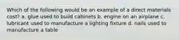 Which of the following would be an example of a direct materials cost? a. glue used to build cabinets b. engine on an airplane c. lubricant used to manufacture a lighting fixture d. nails used to manufacture a table