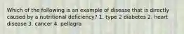 Which of the following is an example of disease that is directly caused by a nutritional deficiency? 1. type 2 diabetes 2. heart disease 3. cancer 4. pellagra