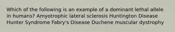 Which of the following is an example of a dominant lethal allele in humans? Amyotrophic lateral sclerosis Huntington Disease Hunter Syndrome Fabry's Disease Duchene muscular dystrophy