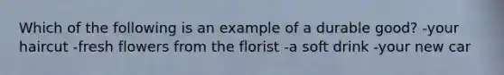 Which of the following is an example of a durable good? -your haircut -fresh flowers from the florist -a soft drink -your new car