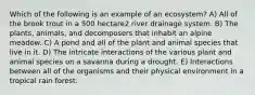 Which of the following is an example of an ecosystem? A) All of the brook trout in a 500 hectare2 river drainage system. B) The plants, animals, and decomposers that inhabit an alpine meadow. C) A pond and all of the plant and animal species that live in it. D) The intricate interactions of the various plant and animal species on a savanna during a drought. E) Interactions between all of the organisms and their physical environment in a tropical rain forest.