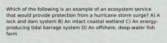 Which of the following is an example of an ecosystem service that would provide protection from a hurricane storm surge? A) A lock and dam system B) An intact coastal wetland C) An energy-producing tidal barrage system D) An offshore, deep-water fish farm