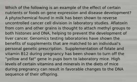 ​Which of the following is an example of the effect of certain nutrients or foods on gene expression and disease development? ​A phytochemical found in milk has been shown to reverse uncontrolled cancer cell division in laboratory studies. ​Aflatoxin from corn and other grains is thought to attach methyl groups to both histones and DNA, helping to prevent the development of liver cancer. ​Genomics testing laboratories have shown the benefits of supplements that are matched to an individual's personal genetic prescription. ​ Supplementation of folate and vitamin B12 during pregnancy has been shown to turn off the "yellow and fat" gene in pups born to laboratory mice. ​High levels of certain vitamins and minerals in the diets of mice during pregnancy can result in favorable changes to the DNA sequence of their offspring.