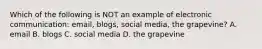 Which of the following is NOT an example of electronic​ communication: email,​ blogs, social​ media, the​ grapevine? A. email B. blogs C. social media D. the grapevine