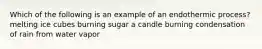 Which of the following is an example of an endothermic process? melting ice cubes burning sugar a candle burning condensation of rain from water vapor