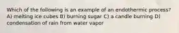 Which of the following is an example of an endothermic process? A) melting ice cubes B) burning sugar C) a candle burning D) condensation of rain from water vapor