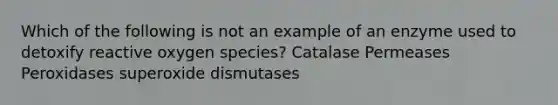 Which of the following is not an example of an enzyme used to detoxify reactive oxygen species? Catalase Permeases Peroxidases superoxide dismutases