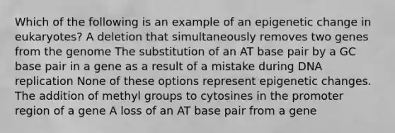 Which of the following is an example of an epigenetic change in eukaryotes? A deletion that simultaneously removes two genes from the genome The substitution of an AT base pair by a GC base pair in a gene as a result of a mistake during DNA replication None of these options represent epigenetic changes. The addition of methyl groups to cytosines in the promoter region of a gene A loss of an AT base pair from a gene