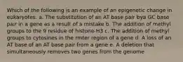 Which of the following is an example of an epigenetic change in eukaryotes. a. The substitution of an AT base pair bya GC base pair in a gene as a result of a mistake b. The addition of methyl groups to the 9 residue of histone-H3 c. The addition of methyl groups to cytosines in the rmter region of a gene d. A loss of an AT base of an AT base pair from a gene e. A deletion that simultaneously removes two genes from the genome