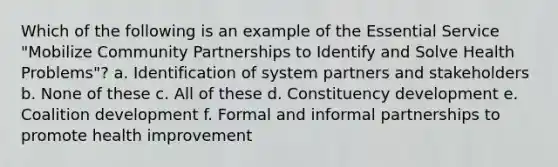 Which of the following is an example of the Essential Service "Mobilize Community Partnerships to Identify and Solve Health Problems"? a. Identification of system partners and stakeholders b. None of these c. All of these d. Constituency development e. Coalition development f. Formal and informal partnerships to promote health improvement