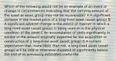 Which of the following would not be an example of an event or change in circumstances indicating that the carrying amount of the asset or asset group may not be recoverable? A A significant increase in the market price of a long-lived asset (asset group) B A significant adverse change in the extent or manner in which a long-lived asset (asset group) is being used or in the physical condition of the asset C An accumulation of costs significantly in excess of the amount originally expected for the acquisition or construction of a long-lived asset (asset group) D A current expectation that, more likely than not, a long-lived asset (asset group) will be sold or otherwise disposed of significantly before the end of its previously estimated useful life