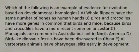 Which of the following is an example of evidence for evolution based on developmental homologies? A) Whale flippers have the same number of bones as human hands B) Birds and crocodiles have more genes in common that birds and mice, because birds and crocodiles have a more recent common ancestor C) Marsupials are common in Australia but not in North America D) Bird-like dinosaur fossils have been discovered in China E) All vertebrate animals have pharyngeal slits early in development