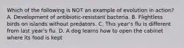 Which of the following is NOT an example of evolution in action? A. Development of antibiotic-resistant bacteria. B. Flightless birds on islands without predators. C. This year's flu is different from last year's flu. D. A dog learns how to open the cabinet where its food is kept