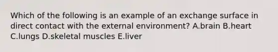 Which of the following is an example of an exchange surface in direct contact with the external environment? A.brain B.heart C.lungs D.skeletal muscles E.liver