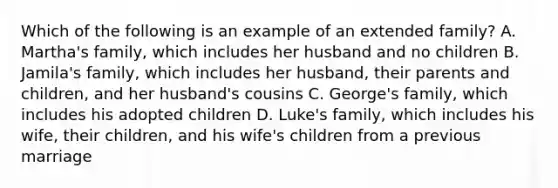 Which of the following is an example of an extended family? A. Martha's family, which includes her husband and no children B. Jamila's family, which includes her husband, their parents and children, and her husband's cousins C. George's family, which includes his adopted children D. Luke's family, which includes his wife, their children, and his wife's children from a previous marriage