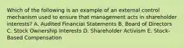 Which of the following is an example of an external control mechanism used to ensure that management acts in shareholder interests? A. Audited Financial Statements B. Board of Directors C. Stock Ownership Interests D. Shareholder Activism E. Stock-Based Compensation