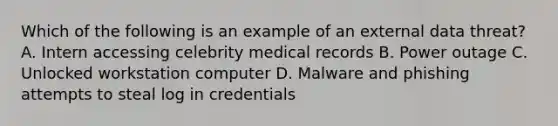 Which of the following is an example of an external data threat? A. Intern accessing celebrity medical records B. Power outage C. Unlocked workstation computer D. Malware and phishing attempts to steal log in credentials