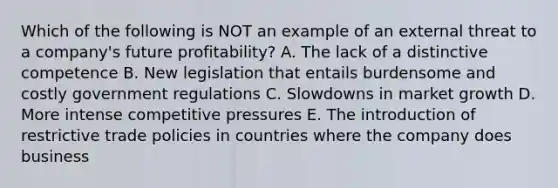 Which of the following is NOT an example of an external threat to a company's future profitability? A. The lack of a distinctive competence B. New legislation that entails burdensome and costly government regulations C. Slowdowns in market growth D. More intense competitive pressures E. The introduction of restrictive trade policies in countries where the company does business