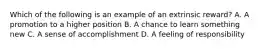 Which of the following is an example of an extrinsic reward? A. A promotion to a higher position B. A chance to learn something new C. A sense of accomplishment D. A feeling of responsibility