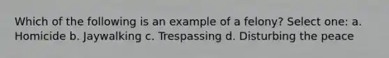 Which of the following is an example of a felony? Select one: a. Homicide b. Jaywalking c. Trespassing d. Disturbing the peace