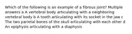 Which of the following is an example of a fibrous joint? Multiple answers a A vertebral body articulating with a neighboring vertebral body b A tooth articulating with its socket in the jaw c The two parietal bones of the skull articulating with each other d An epiphysis articulating with a diaphysis