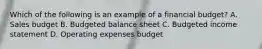 Which of the following is an example of a financial budget? A. Sales budget B. Budgeted balance sheet C. Budgeted income statement D. Operating expenses budget