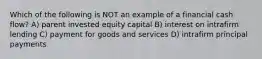 Which of the following is NOT an example of a financial cash flow? A) parent invested equity capital B) interest on intrafirm lending C) payment for goods and services D) intrafirm principal payments