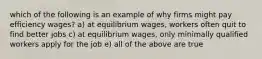 which of the following is an example of why firms might pay efficiency wages? a) at equilibrium wages, workers often quit to find better jobs c) at equilibrium wages, only minimally qualified workers apply for the job e) all of the above are true