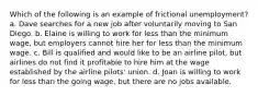 Which of the following is an example of frictional unemployment? a. Dave searches for a new job after voluntarily moving to San Diego. b. Elaine is willing to work for less than the minimum wage, but employers cannot hire her for less than the minimum wage. c. Bill is qualified and would like to be an airline pilot, but airlines do not find it profitable to hire him at the wage established by the airline pilots' union. d. Joan is willing to work for less than the going wage, but there are no jobs available.