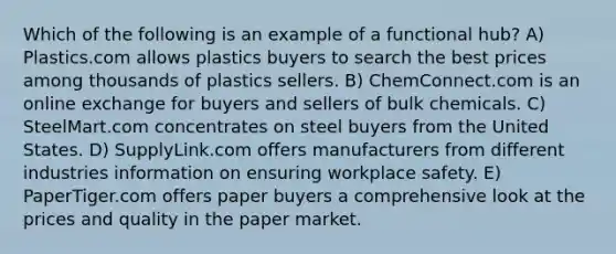 Which of the following is an example of a functional hub? A) Plastics.com allows plastics buyers to search the best prices among thousands of plastics sellers. B) ChemConnect.com is an online exchange for buyers and sellers of bulk chemicals. C) SteelMart.com concentrates on steel buyers from the United States. D) SupplyLink.com offers manufacturers from different industries information on ensuring workplace safety. E) PaperTiger.com offers paper buyers a comprehensive look at the prices and quality in the paper market.