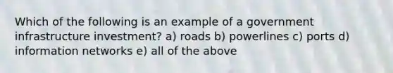 Which of the following is an example of a government infrastructure investment? a) roads b) powerlines c) ports d) information networks e) all of the above