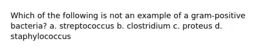 Which of the following is not an example of a gram-positive bacteria? a. streptococcus b. clostridium c. proteus d. staphylococcus