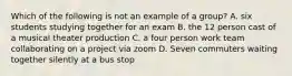 Which of the following is not an example of a group? A. six students studying together for an exam B. the 12 person cast of a musical theater production C. a four person work team collaborating on a project via zoom D. Seven commuters waiting together silently at a bus stop