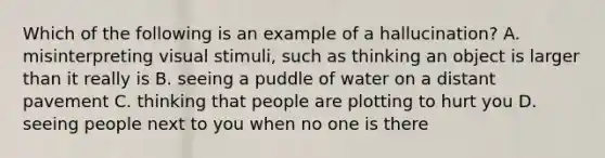 Which of the following is an example of a hallucination? A. misinterpreting visual stimuli, such as thinking an object is larger than it really is B. seeing a puddle of water on a distant pavement C. thinking that people are plotting to hurt you D. seeing people next to you when no one is there