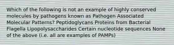 Which of the following is not an example of highly conserved molecules by pathogens known as Pathogen Associated Molecular Patterns? Peptidoglycans Proteins from Bacterial Flagella Lipopolysaccharides Certain nucleotide sequences None of the above (i.e. all are examples of PAMPs)